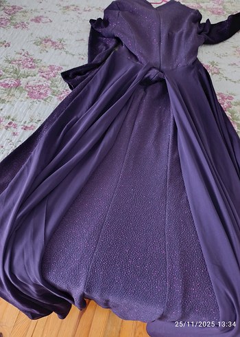 36 beden Koyu Mor Uzun Kollu Drapeli Uzun abiye - Görsel 6