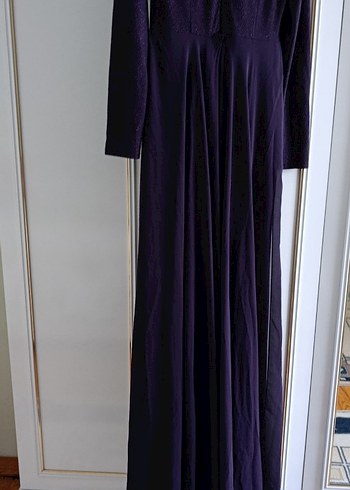 36 beden Koyu Mor Uzun Kollu Drapeli Uzun abiye - Görsel 3