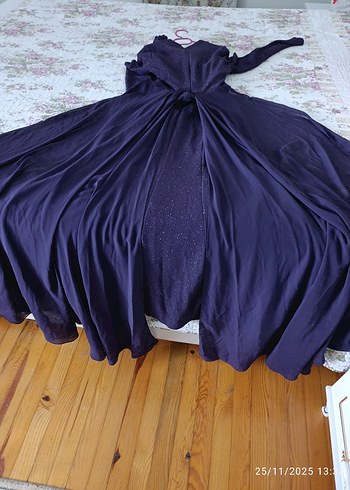 36 beden Koyu Mor Uzun Kollu Drapeli Uzun abiye - Görsel 7