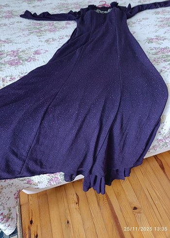 36 beden Koyu Mor Uzun Kollu Drapeli Uzun abiye - Görsel 8