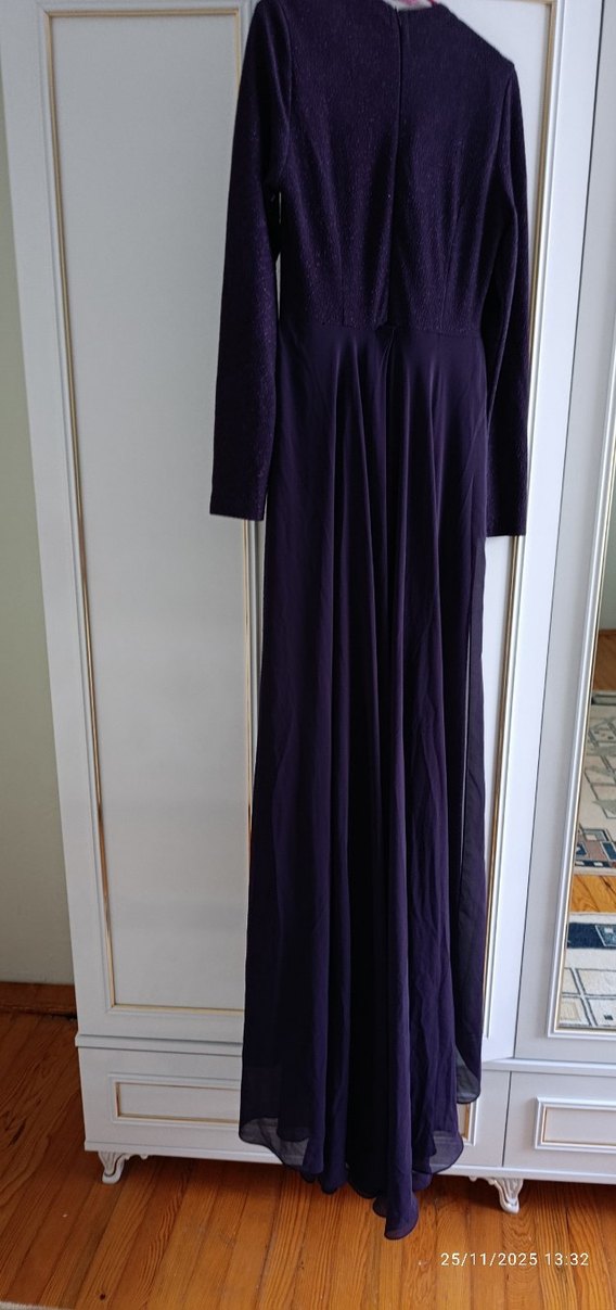 36 beden Koyu Mor Uzun Kollu Drapeli Uzun abiye - Görsel 2
