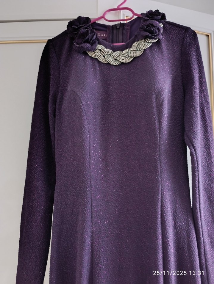 36 beden Koyu Mor Uzun Kollu Drapeli Uzun abiye - Görsel 5