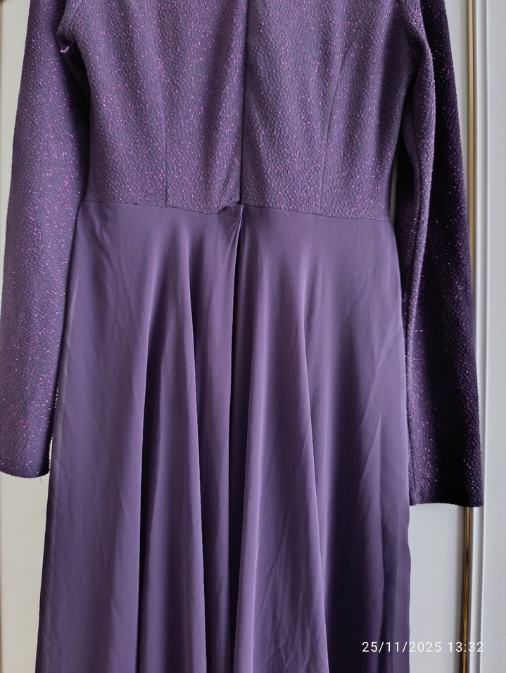 36 beden Koyu Mor Uzun Kollu Drapeli Uzun abiye - Görsel 4
