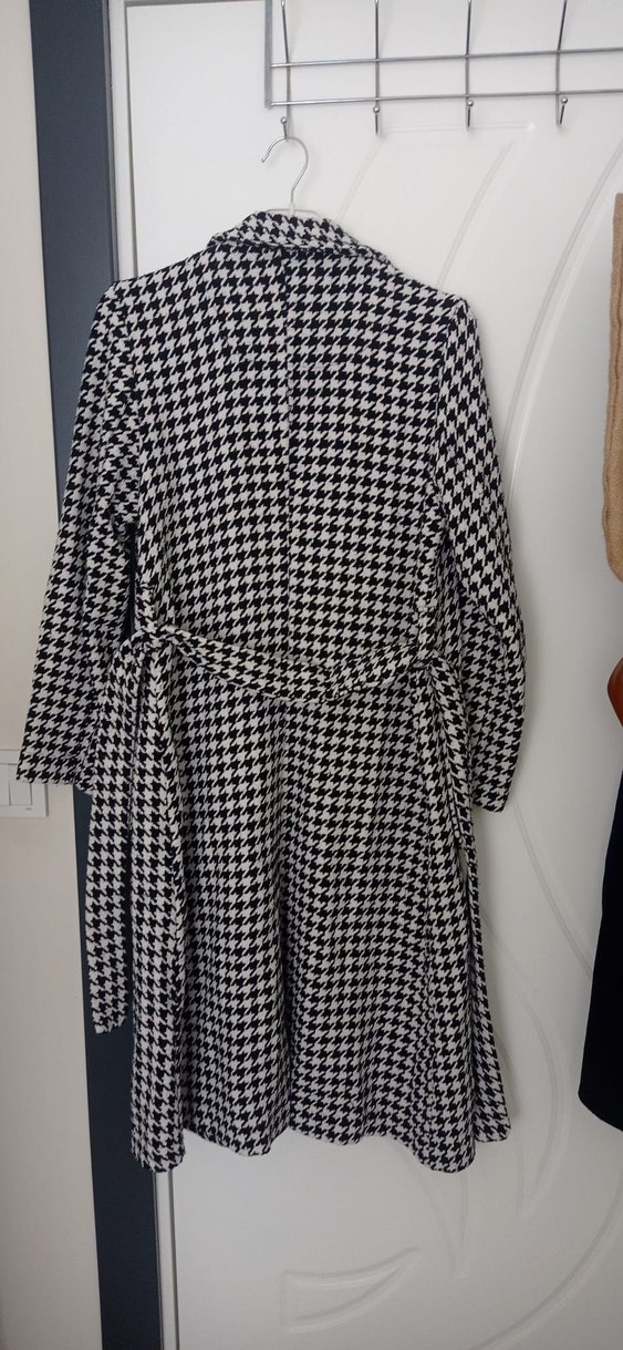 s beden Düğmeli Gri Ekose Uzun Kadın Kaban - Görsel 3