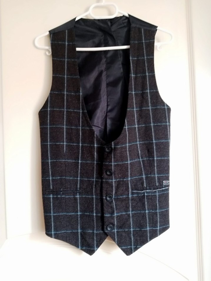 Düğmeli Gri Ekose Erkek Yelek - Görsel 2