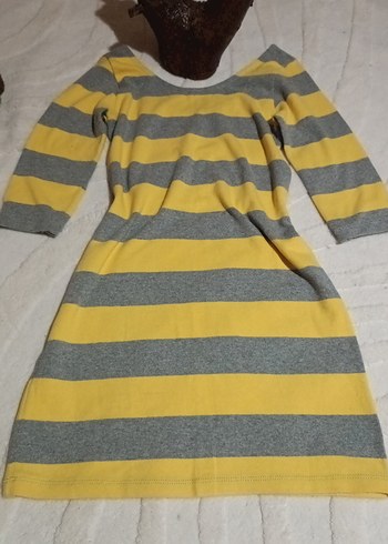 Sarı Gri Çizgili Yumuşak Triko Mini Elbise - Görsel 6