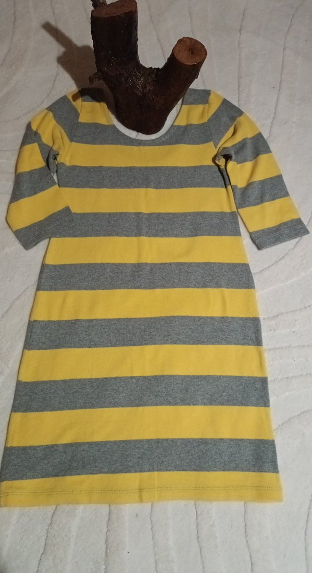 Sarı Gri Çizgili Yumuşak Triko Mini Elbise - Görsel 2