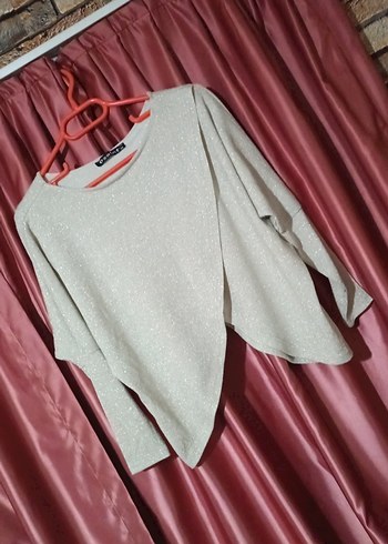 Bej Renkli Kadın Simli Salaş Drapeli Uzun Kollu Triko Kazak(S-M) - Görsel 3