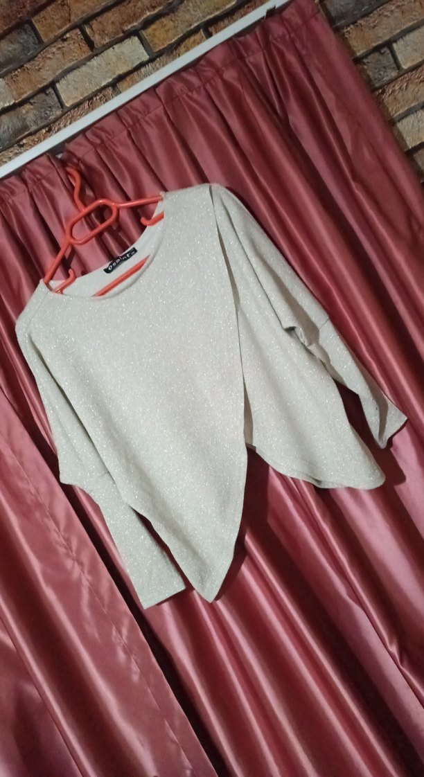 Bej Renkli Kadın Simli Salaş Drapeli Uzun Kollu Triko Kazak(S-M) - Görsel 3