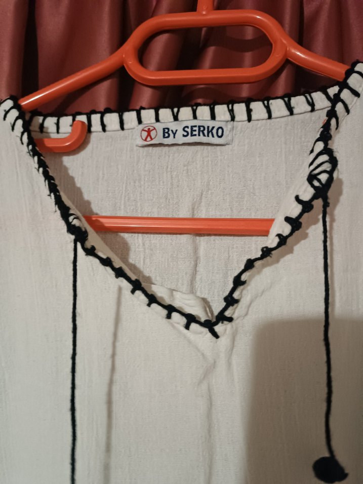 Nakışlı V Yakalı Pamuklu Bohem Bluz - Görsel 2