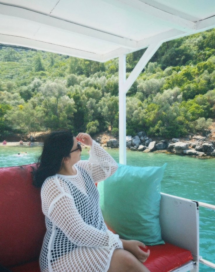 Ekru kayık yaka mini tiriko plaj elbisesi - Görsel 4