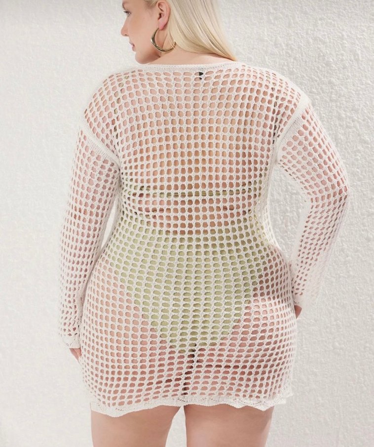 Ekru kayık yaka mini tiriko plaj elbisesi - Görsel 2