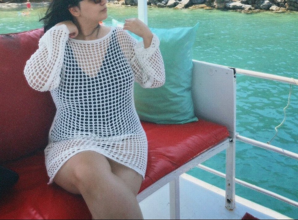 Ekru kayık yaka mini tiriko plaj elbisesi - Görsel 3