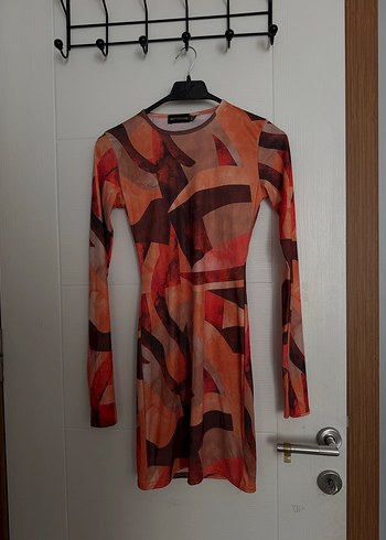 Turuncu Geometrik Desenli Mini Elbise - Görsel 3