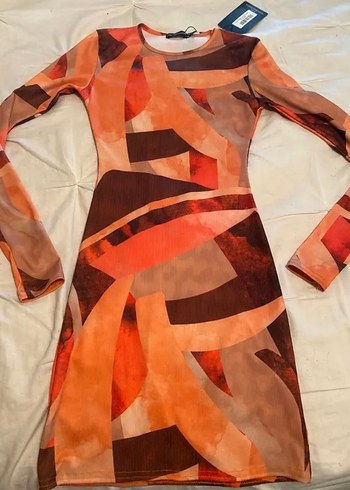 Turuncu Geometrik Desenli Mini Elbise - Görsel 4