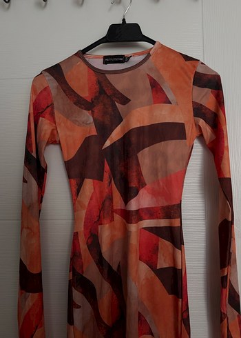 Turuncu Geometrik Desenli Mini Elbise - Görsel 5