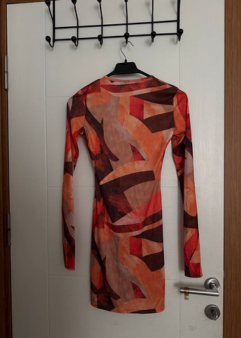 Turuncu Geometrik Desenli Mini Elbise - Görsel 7