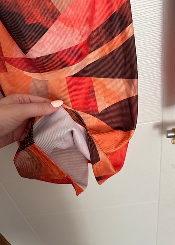 Turuncu Geometrik Desenli Mini Elbise - Görsel 8