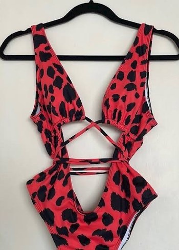 Kırmızı Bağlama Modelli Leopar Desenli Mayokini - Görsel 17