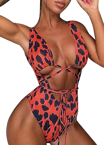 Kırmızı Bağlama Modelli Leopar Desenli Mayokini - Görsel 5