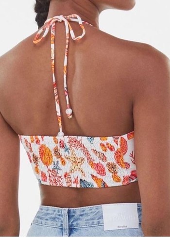 Bershka Renkli Deniz Kabuğu Desenli Boyundan Bağlamalı Crop Top - Görsel 6