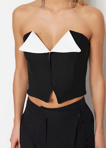 Siyah Beyaz Straplez Crop Büstiyer - Görsel 3