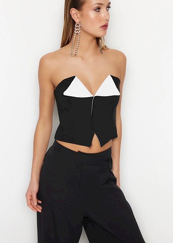 Siyah Beyaz Straplez Crop Büstiyer - Görsel 6