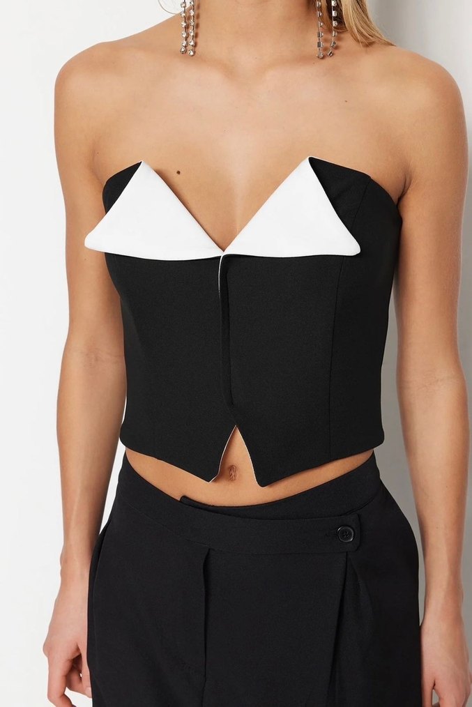 Siyah Beyaz Straplez Crop Büstiyer - Görsel 3