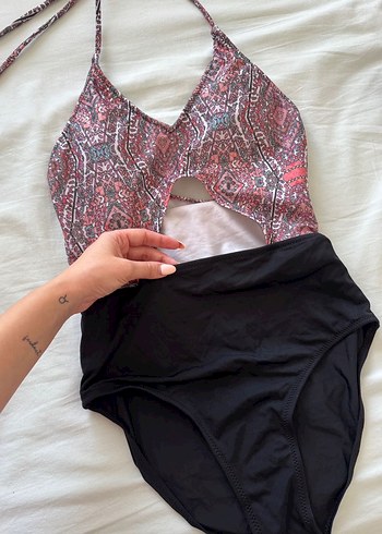 Kadın Pembe Siyah Desenli Cut Out Mayo - Görsel 5