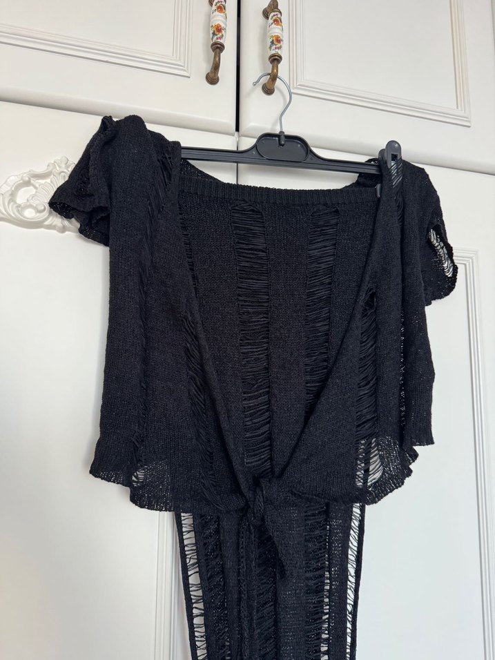 Siyah Örgü Bohem Plaj Elbisesi Takımı - Görsel 5