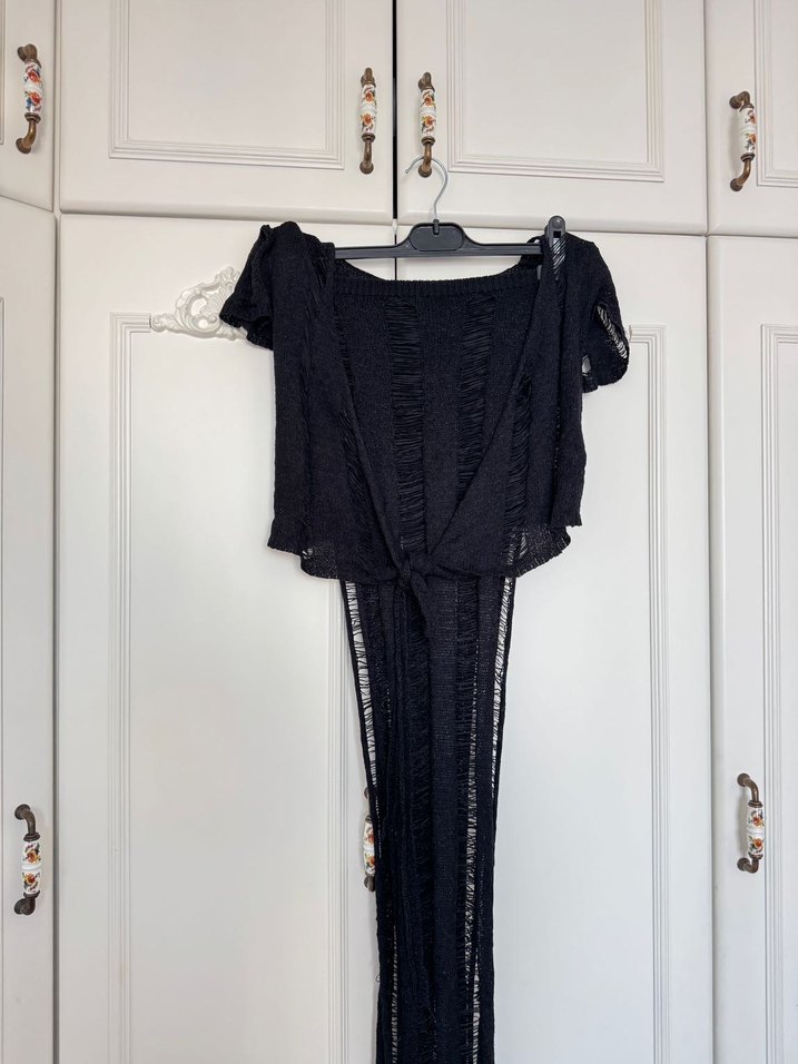 Siyah Örgü Bohem Plaj Elbisesi Takımı - Görsel 2