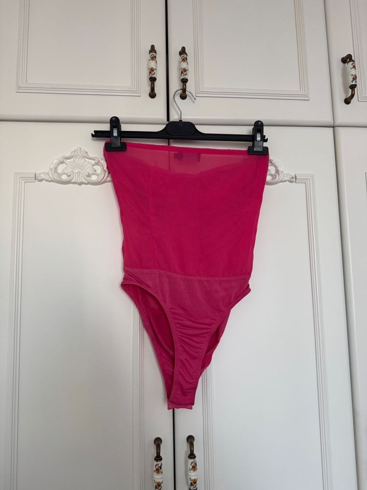 Pembe Şifon Bağlamalı Straplez Bodysuit Büstiyer - Görsel 5