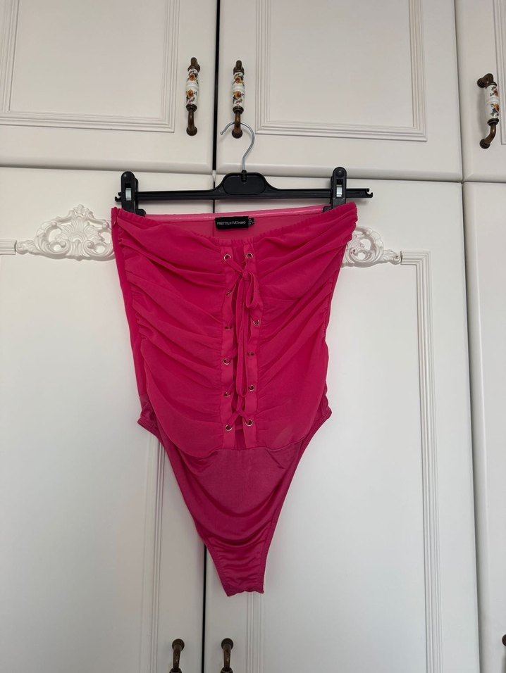 Pembe Şifon Bağlamalı Straplez Bodysuit Büstiyer - Görsel 2