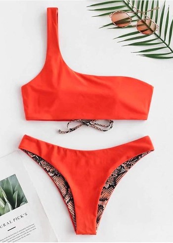 Yılan Derisi Tek Omuz Tanga Brazilian Bikini Takımı - Görsel 3