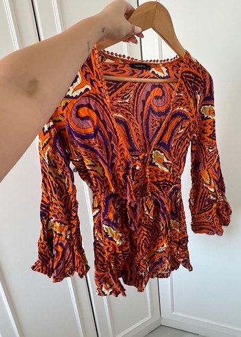 Turuncu Desenli Bohem Yarasa Kol Volanlı Mini Plaj Tulum - Görsel 8