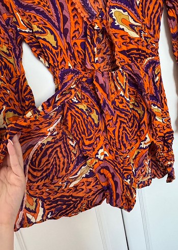 Turuncu Desenli Bohem Yarasa Kol Volanlı Mini Plaj Tulum - Görsel 5