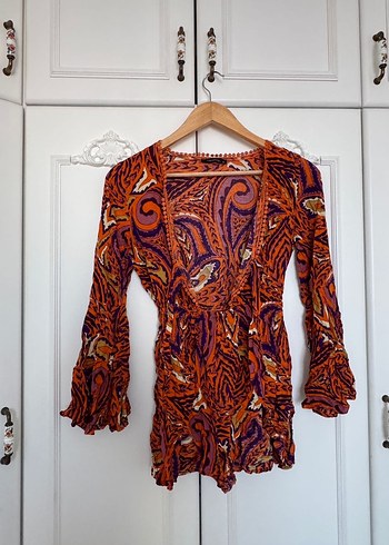 Turuncu Desenli Bohem Yarasa Kol Volanlı Mini Plaj Tulum - Görsel 3