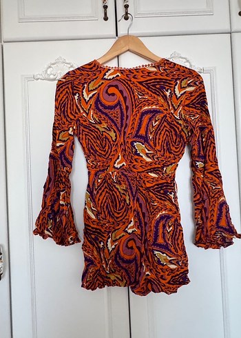 Turuncu Desenli Bohem Yarasa Kol Volanlı Mini Plaj Tulum - Görsel 7