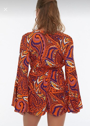 Turuncu Desenli Bohem Yarasa Kol Volanlı Mini Plaj Tulum - Görsel 2