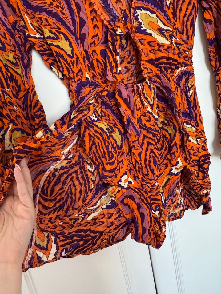 Turuncu Desenli Bohem Yarasa Kol Volanlı Mini Plaj Tulum - Görsel 5