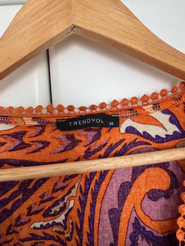 Turuncu Desenli Bohem Yarasa Kol Volanlı Mini Plaj Tulum - Görsel 4