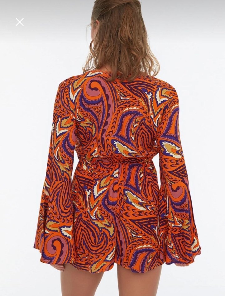 Turuncu Desenli Bohem Yarasa Kol Volanlı Mini Plaj Tulum - Görsel 2