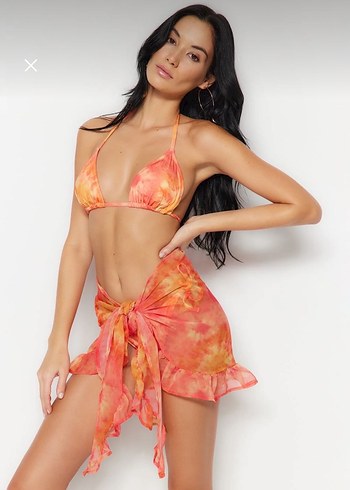 Turuncu Batik Desenli Pareolu İpli Üçgen Bikini Takımı - Görsel 2