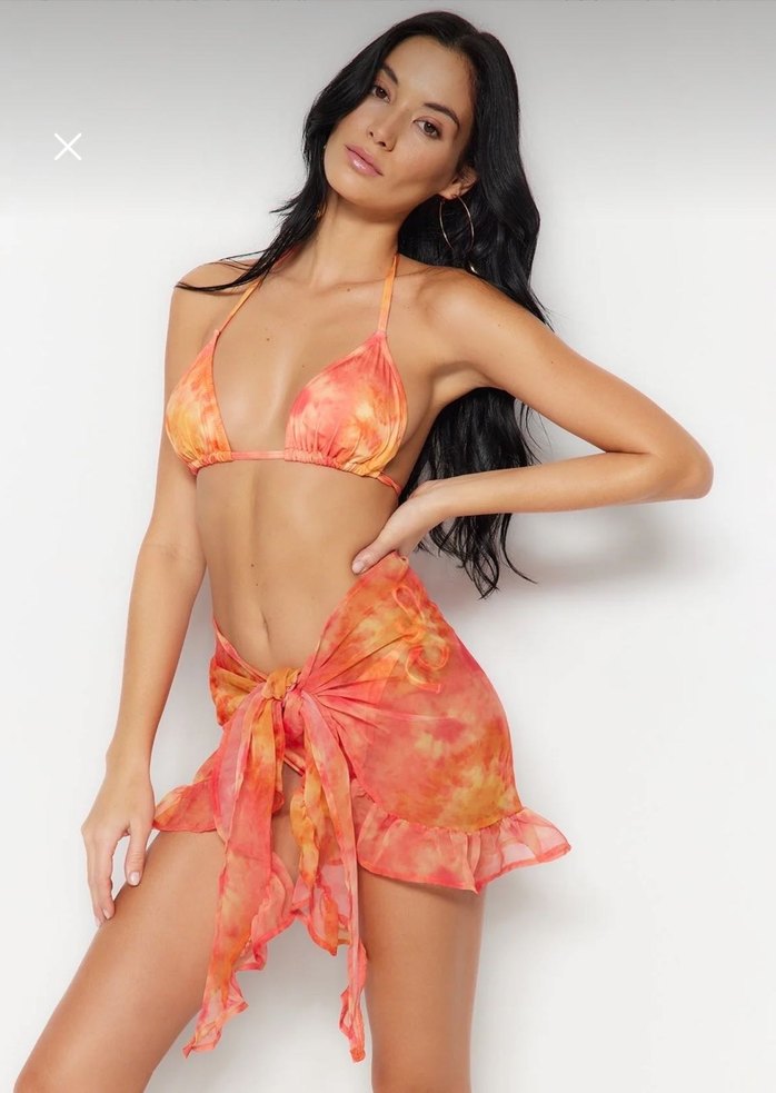 Turuncu Batik Desenli Pareolu İpli Üçgen Bikini Takımı - Görsel 2