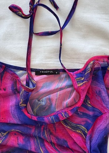 Mor Pembe Desenli Tül Kısa Plaj Elbisesi - Görsel 7