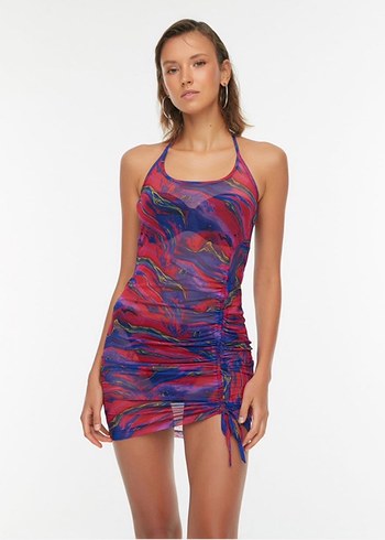 Mor Pembe Desenli Tül Kısa Plaj Elbisesi - Görsel 8