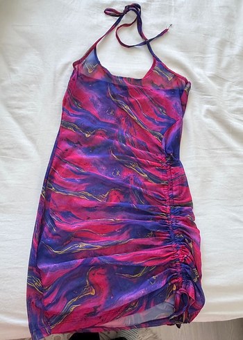 Mor Pembe Desenli Tül Kısa Plaj Elbisesi - Görsel 6