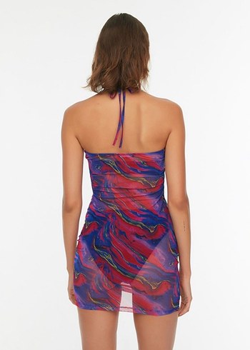 Mor Pembe Desenli Tül Kısa Plaj Elbisesi - Görsel 2