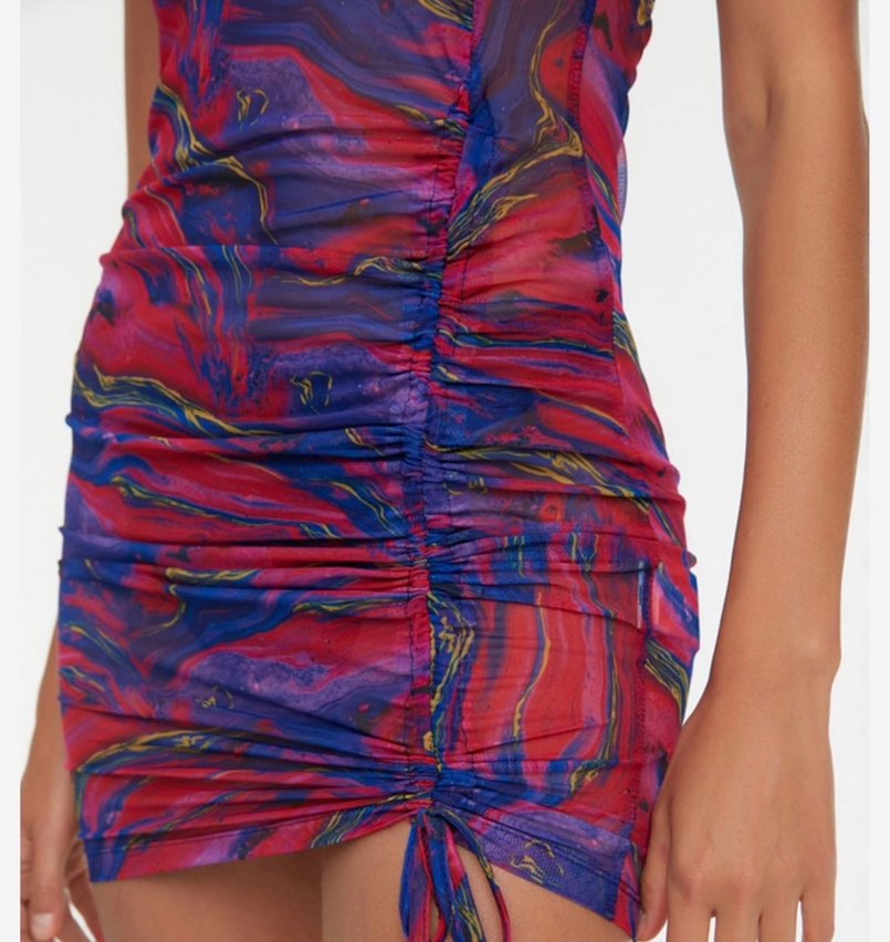 Mor Pembe Desenli Tül Kısa Plaj Elbisesi - Görsel 4