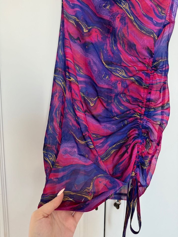 Mor Pembe Desenli Tül Kısa Plaj Elbisesi - Görsel 5